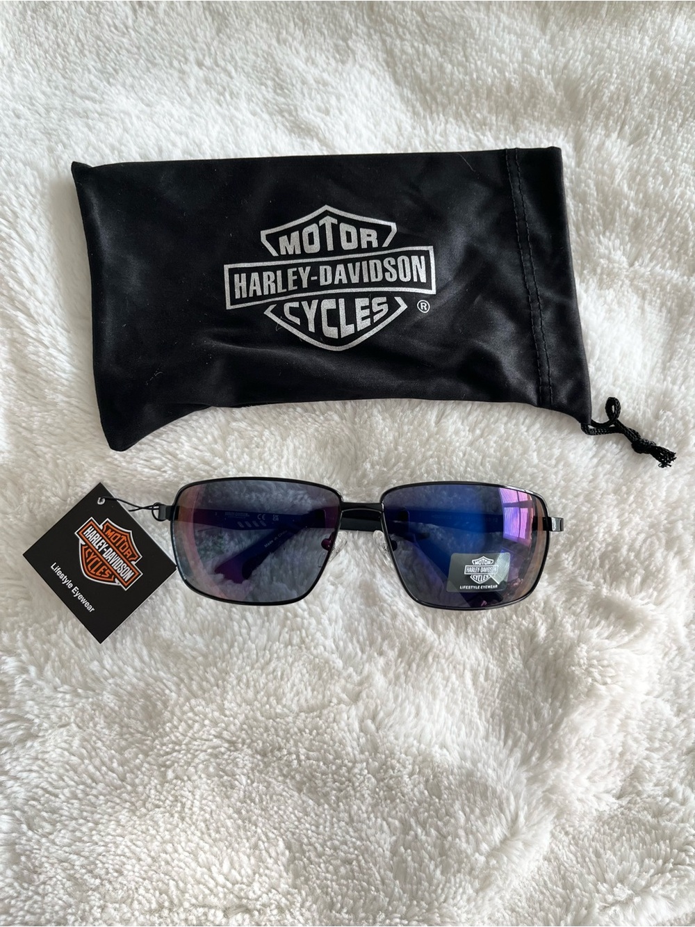 NWT Harley-Davidson Black Frame Sunglasses with Blue-Purple Reflective Lenses